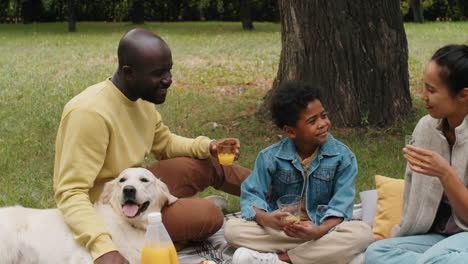 African-Parents-and-Kid-Chatting-on-Picnic-in-Park